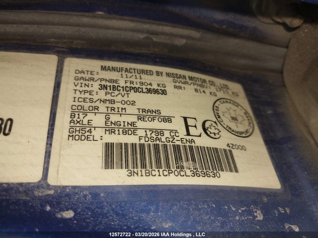 12572722 :رقم المزاد ، 3N1BC1CP0CL369630 vin ، 2012 Nissan Versa 1.8 Sl مزاد بيع