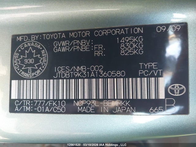 Aukcja sprzedaży 2010 Toyota Yaris, vin: JTDBT9K31A1360580, numer aukcji: 12561520