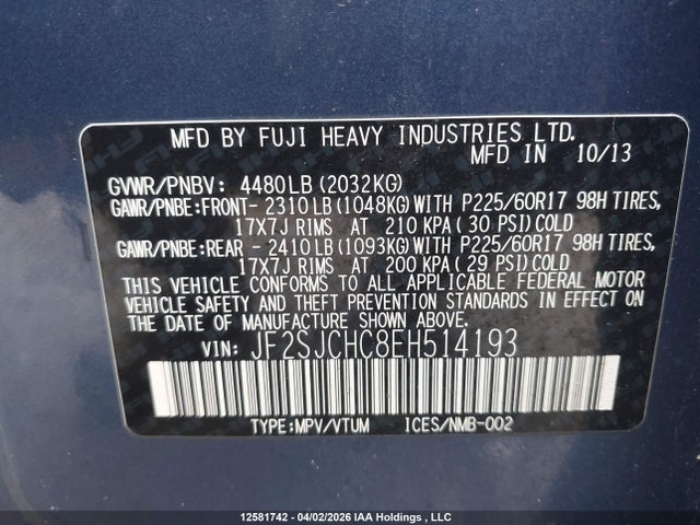 Aukcja sprzedaży 2014 Subaru Forester, vin: JF2SJCHC8EH514193, numer aukcji: 12581742
