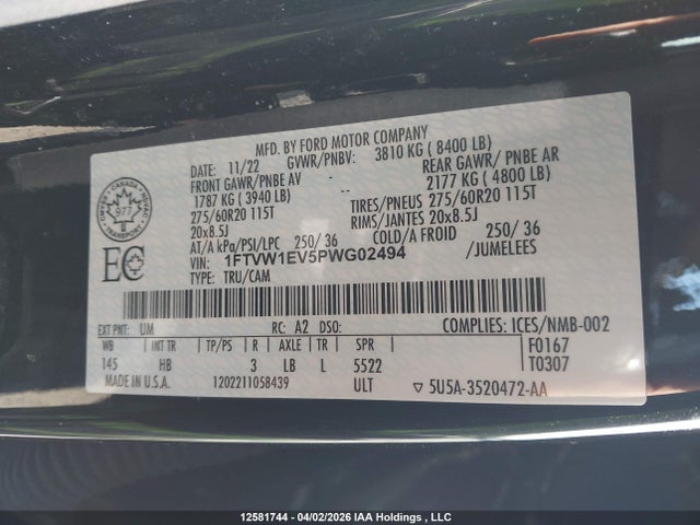 Продаж на аукціоні авто 2023 Ford F150 Lightning Pro/lightning Xlt/lightning Lariat/lightning Platinum, vin: 1FTVW1EV5PWG02494, номер лоту: 12581744