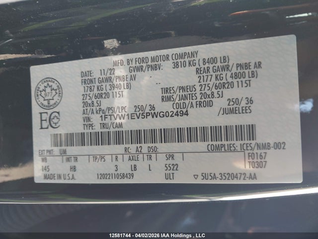 Продаж на аукціоні авто 2023 Ford F150 Lightning Pro/lightning Xlt/lightning Lariat/lightning Platinum, vin: 1FTVW1EV5PWG02494, номер лоту: 12581744