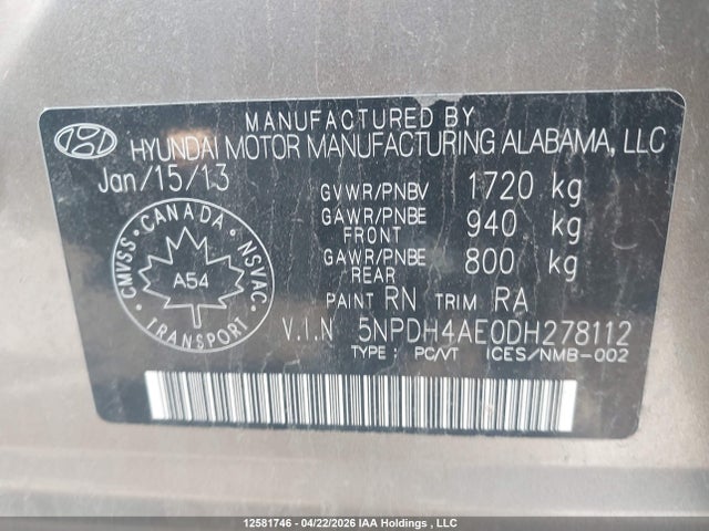 2013 Hyundai Elantra Gls/limited მანქანა იყიდება აუქციონზე, vin: 5NPDH4AE0DH278112, აუქციონის ნომერი: 12581746