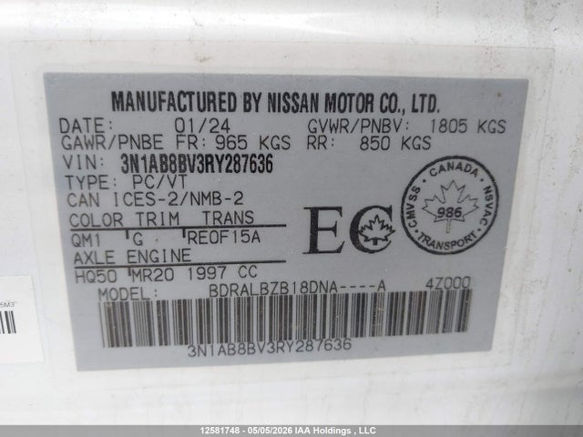 Продаж на аукціоні авто 2024 Nissan Sentra S/s Plus, vin: 3N1AB8BV3RY287636, номер лоту: 12581748