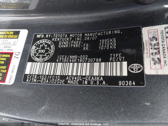 Aukcja sprzedaży 2008 Toyota Camry Se, vin: 4T1BE46K18U730798, numer aukcji: 12562752
