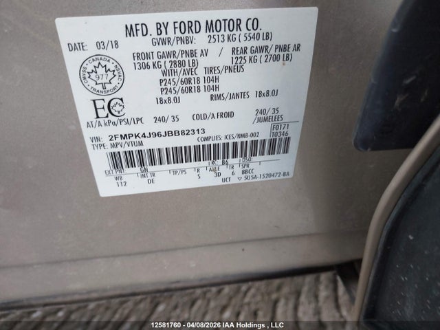 Aukcja sprzedaży 2018 Ford Edge Sel, vin: 2FMPK4J96JBB82313, numer aukcji: 12581760