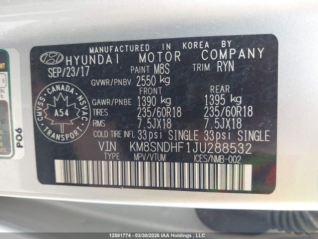 KM8SNDHF1JU288532 Hyundai Santa Fe Se/limited