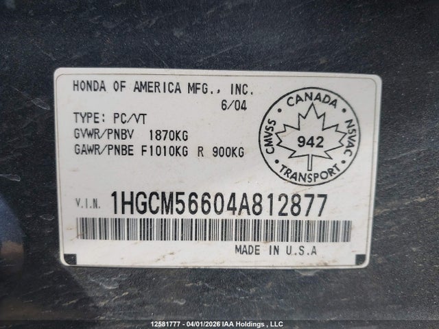 Aukcja sprzedaży 2004 Honda Accord Ex, vin: 1HGCM56604A812877, numer aukcji: 12581777