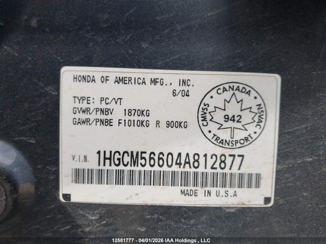 Aukcja sprzedaży 2004 Honda Accord Ex, vin: 1HGCM56604A812877, numer aukcji: 12581777