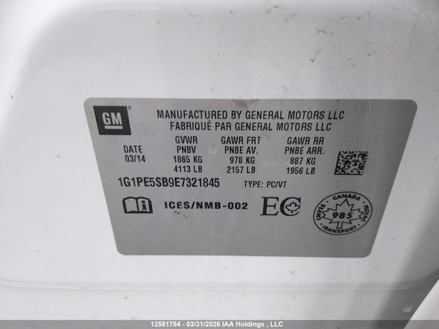 1G1PE5SB9E7321845 Chevrolet Cruze 2lt