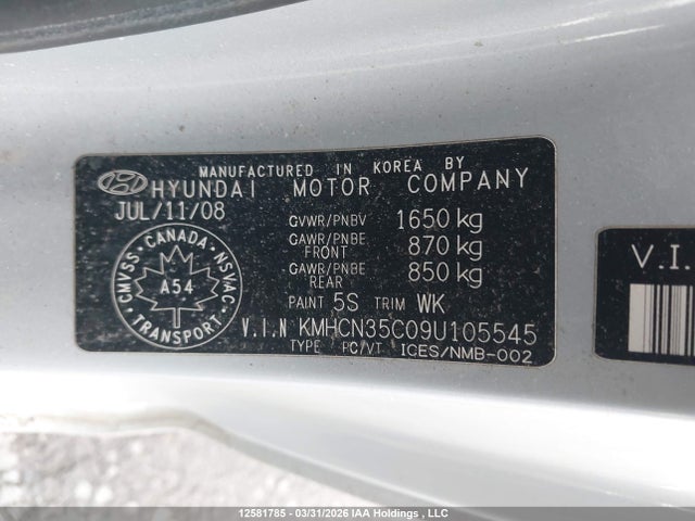 12581785 :رقم المزاد ، KMHCN35C09U105545 vin ، 2009 Hyundai Accent Se مزاد بيع