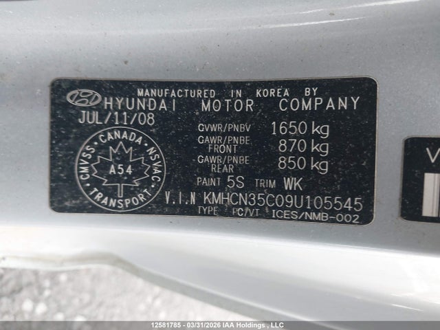 12581785 :رقم المزاد ، KMHCN35C09U105545 vin ، 2009 Hyundai Accent Se مزاد بيع