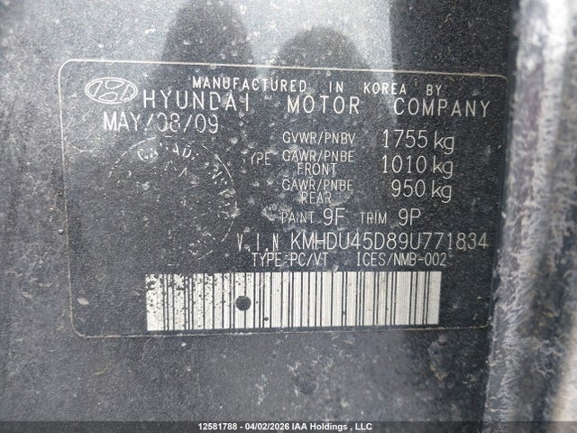 12581788 :رقم المزاد ، KMHDU45D89U771834 vin ، 2009 Hyundai Elantra Gl/l مزاد بيع