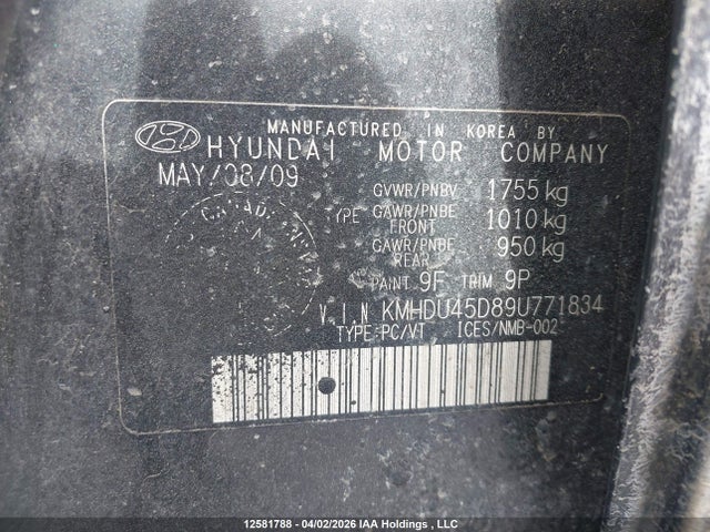 12581788 :رقم المزاد ، KMHDU45D89U771834 vin ، 2009 Hyundai Elantra Gl/l مزاد بيع