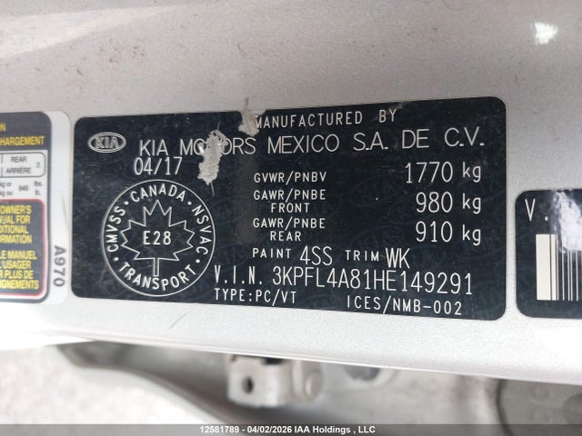 12581789 :رقم المزاد ، 3KPFL4A81HE149291 vin ، 2017 Kia Forte مزاد بيع