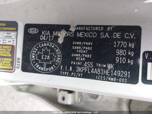 12581789 :رقم المزاد ، 3KPFL4A81HE149291 vin ، 2017 Kia Forte مزاد بيع