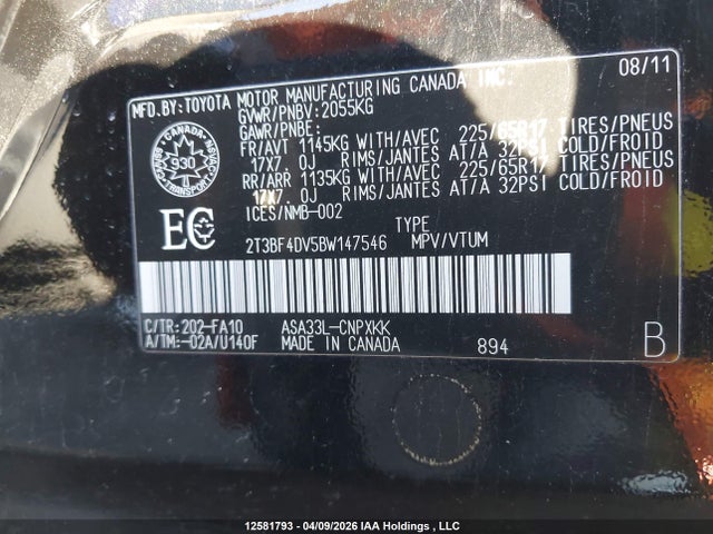 2011 Toyota Rav4 მანქანა იყიდება აუქციონზე, vin: 2T3BF4DV5BW147546, აუქციონის ნომერი: 12581793