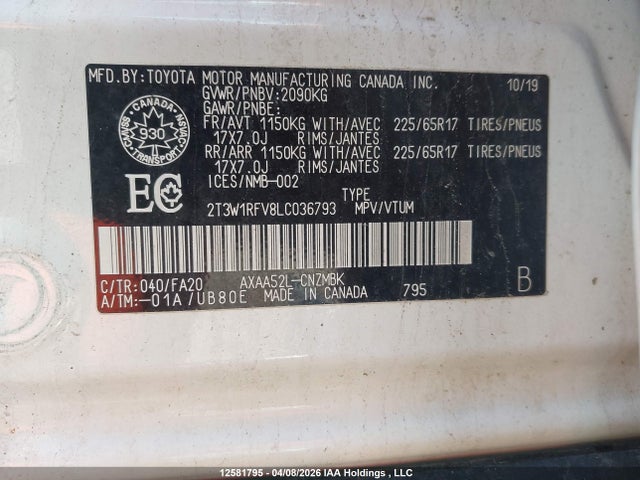 2020 Toyota Rav4 Xle მანქანა იყიდება აუქციონზე, vin: 2T3W1RFV8LC036793, აუქციონის ნომერი: 12581795