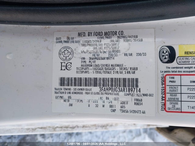 Продажа на аукционе авто 2010 Ford Fusion Sel, vin: 3FAHP0JG3AR189714, номер лота: 12581796