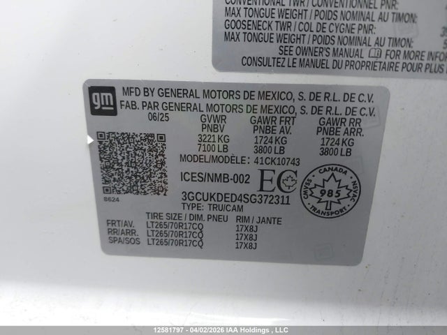 2025 Chevrolet Silverado K1500 Lt მანქანა იყიდება აუქციონზე, vin: 3GCUKDED4SG372311, აუქციონის ნომერი: 12581797