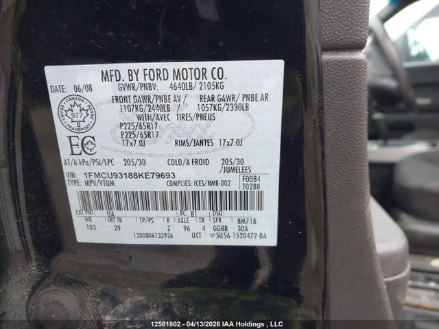 12581802 :رقم المزاد ، 1FMCU93188KE79693 vin ، 2008 Ford Escape Xlt مزاد بيع