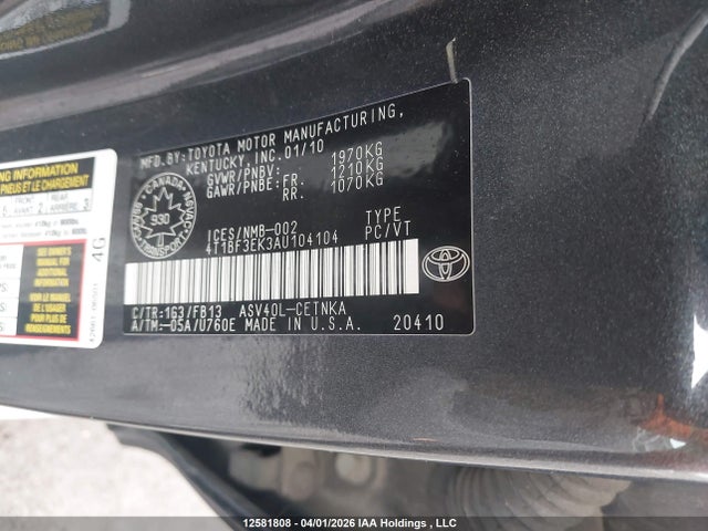 2010 Toyota Camry Le მანქანა იყიდება აუქციონზე, vin: 4T1BF3EK3AU104104, აუქციონის ნომერი: 12581808