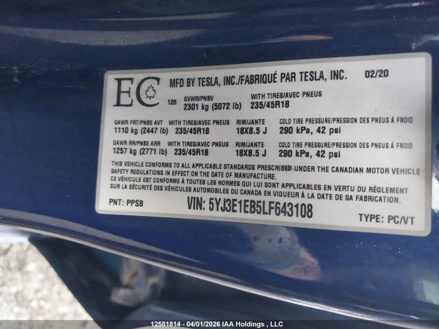 Auction sale of the 2020 Tesla Model 3 Long Range, vin: 5YJ3E1EB5LF643108, lot number: 12581814