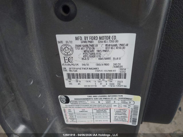 Продажа на аукционе авто 2012 Ford F-150 Xlt, vin: 1FTFW1ET9CFA62483, номер лота: 12581818