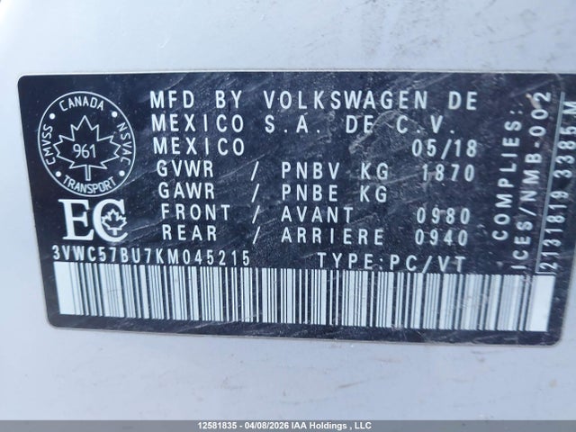 3VWC57BU7KM045215 Volkswagen Jetta S/se/r-line