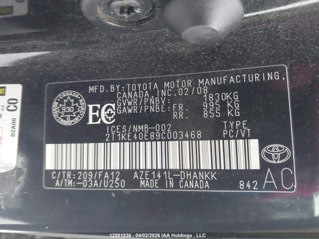 12581836 :رقم المزاد ، 2T1KE40E89C003468 vin ، 2009 Toyota Matrix Xr مزاد بيع