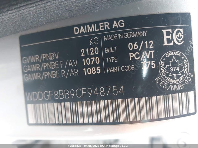 Aukcja sprzedaży 2012 Mercedes-benz C 300 4matic, vin: WDDGF8BB9CF948754, numer aukcji: 12581837