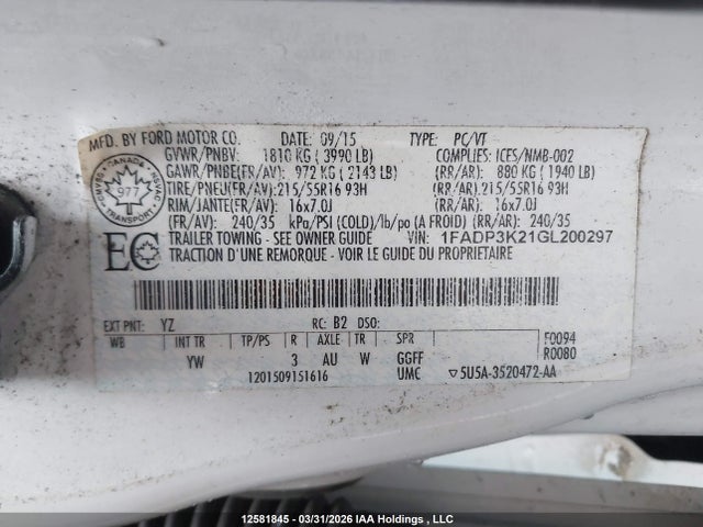1FADP3K21GL200297 Ford FOCUS SE