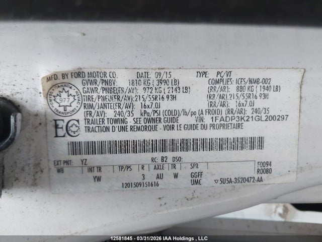 1FADP3K21GL200297 Ford FOCUS SE