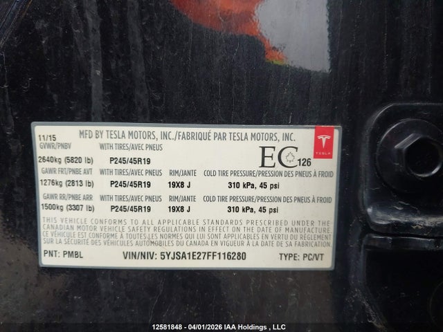 12581848 :رقم المزاد ، 5YJSA1E27FF116280 vin ، 2015 Tesla Model S 70d/85d/p85d مزاد بيع