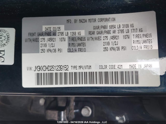 Продажа на аукционе авто 2025 Mazda Cx-90 Mild Hybrid Inline 6 Turbo Gt, vin: JM3KKDHD2S1239152, номер лота: 12581853
