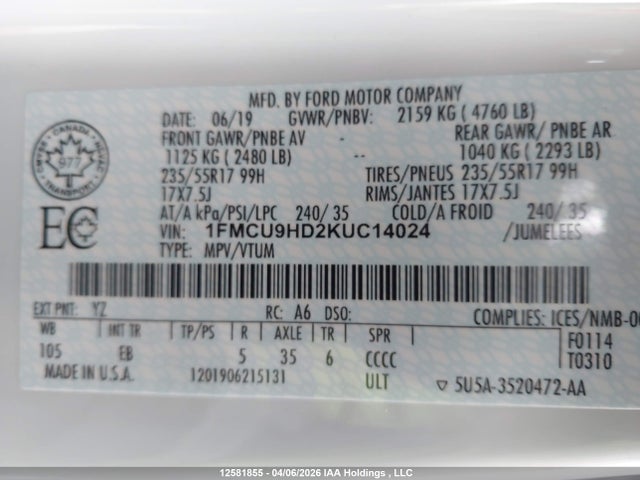 Aukcja sprzedaży 2019 Ford Escape Sel, vin: 1FMCU9HD2KUC14024, numer aukcji: 12581855