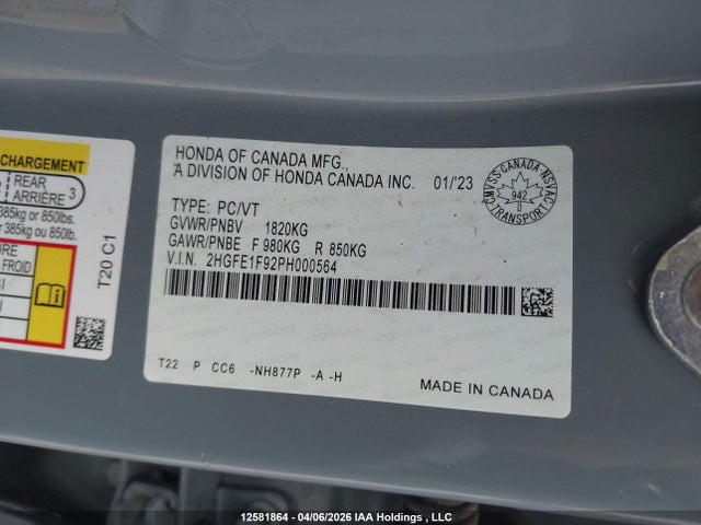 2023 Honda Civic Touring მანქანა იყიდება აუქციონზე, vin: 2HGFE1F92PH000564, აუქციონის ნომერი: 12581864