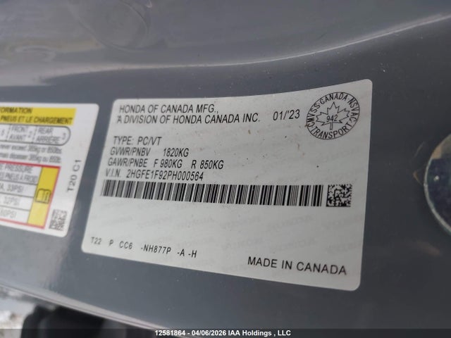 2023 Honda Civic Touring მანქანა იყიდება აუქციონზე, vin: 2HGFE1F92PH000564, აუქციონის ნომერი: 12581864