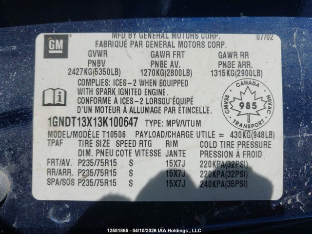 12581865 :رقم المزاد ، 1GNDT13X13K100647 vin ، 2003 Chevrolet Blazer Ls مزاد بيع