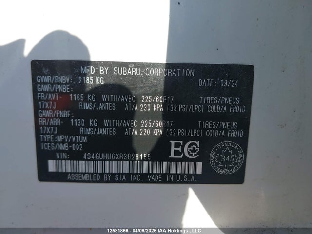 12581866 :رقم المزاد ، 4S4GUHU6XR3828189 vin ، 2024 Subaru Crosstrek Wilderness مزاد بيع