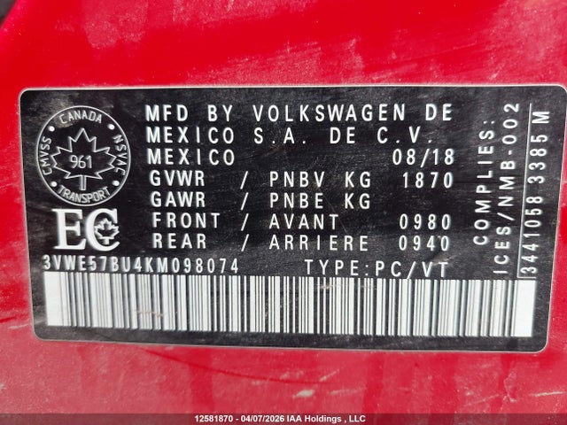 Продажа на аукционе авто 2019 Volkswagen Jetta, vin: 3VWE57BU4KM098074, номер лота: 12581870