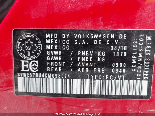 Продажа на аукционе авто 2019 Volkswagen Jetta, vin: 3VWE57BU4KM098074, номер лота: 12581870