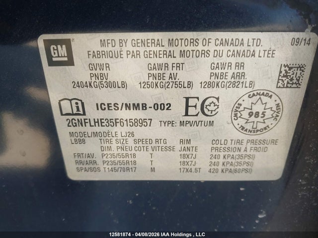 2015 Chevrolet Equinox Ltz მანქანა იყიდება აუქციონზე, vin: 2GNFLHE35F6158957, აუქციონის ნომერი: 12581874