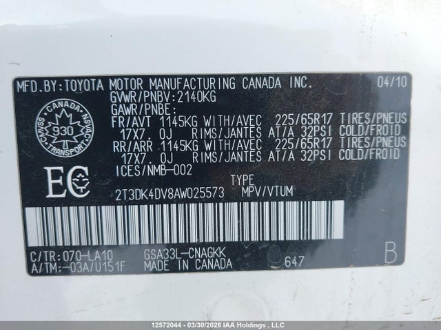 12572044 :رقم المزاد ، 2T3DK4DV8AW025573 vin ، 2010 Toyota Rav4 Limited V6 مزاد بيع