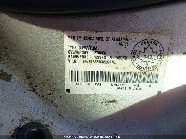 Aukcja sprzedaży 2006 Honda Odyssey, vin: 5FNRL38256B502776, numer aukcji: 12581877