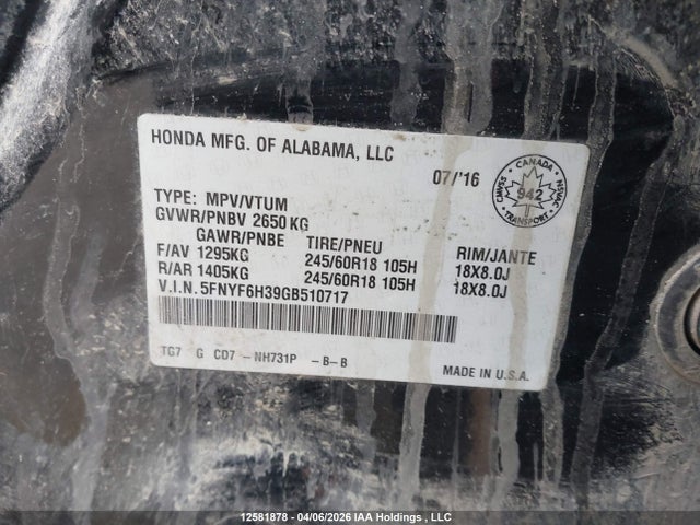 5FNYF6H39GB510717 Honda Pilot Ex