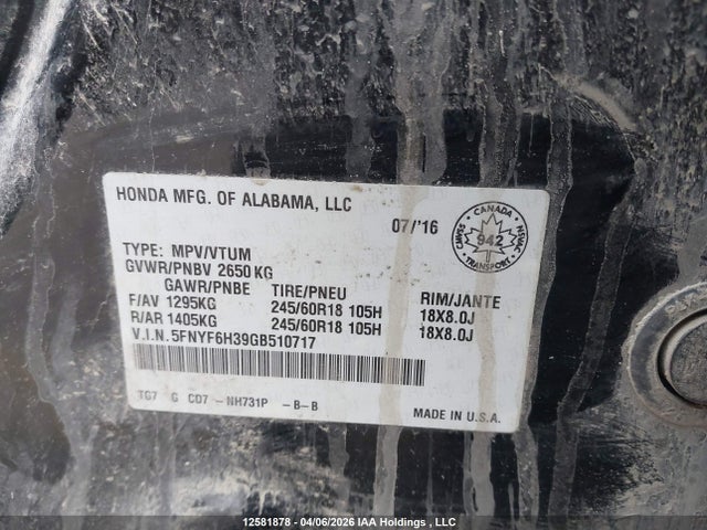 5FNYF6H39GB510717 Honda Pilot Ex