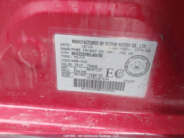 12581882 :رقم المزاد ، 3N1CE2CP8EL404700 vin ، 2014 Nissan Versa مزاد بيع
