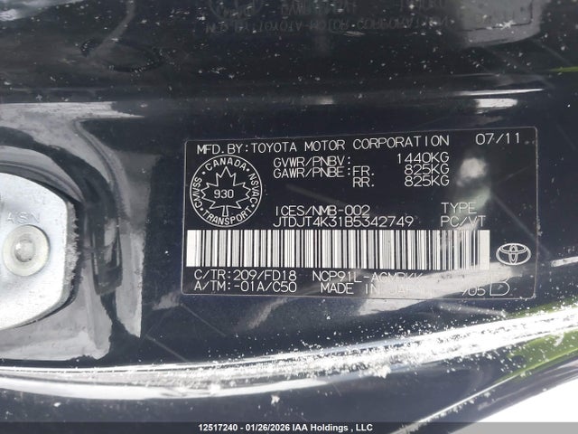 12517240 :رقم المزاد ، JTDJT4K31B5342749 vin ، 2011 Toyota Yaris Ce مزاد بيع