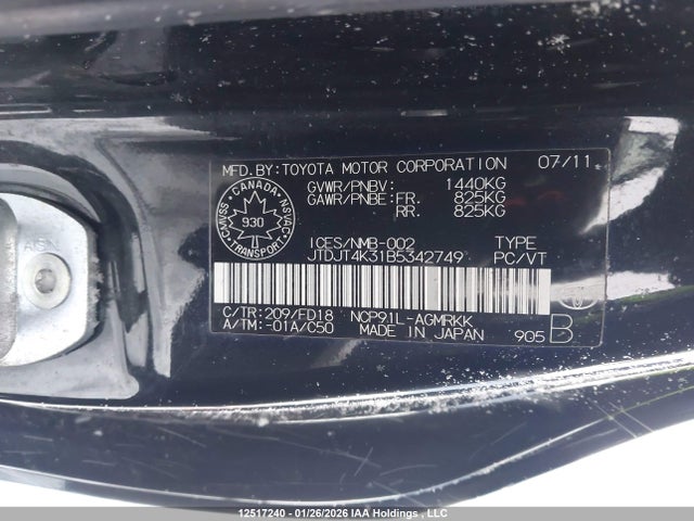 12517240 :رقم المزاد ، JTDJT4K31B5342749 vin ، 2011 Toyota Yaris Ce مزاد بيع
