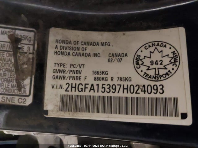 12560889 :رقم المزاد ، 2HGFA15397H024093 vin ، 2007 Honda Civic Dx-g مزاد بيع